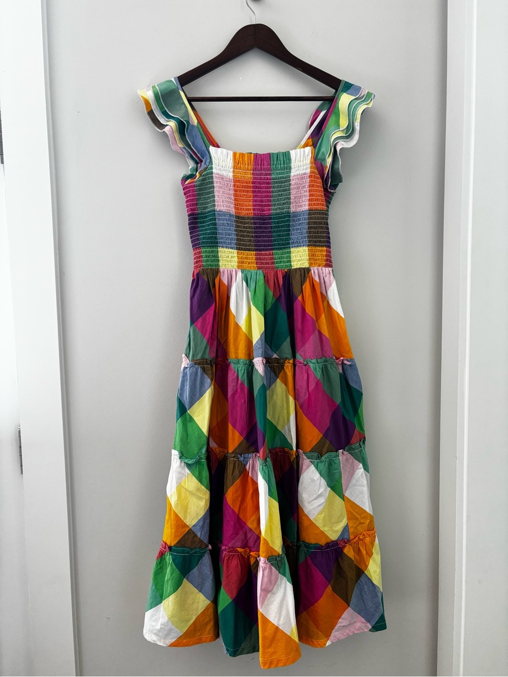 Crown & Ivy Colorful Geometric Smocked Midi Dress XS Flutter Sleeve Cotton - Picture 2 of 10